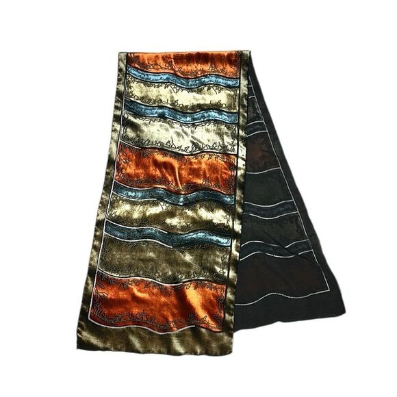 Silk Velvet Oblong Scarf Embroidered Burnt Orange Olive Green Black Lining - Picture 2 of 10